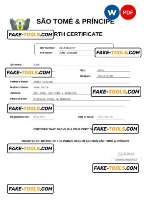 Sao Tome & Principe vital record birth certificate Word and PDF template, completely editable