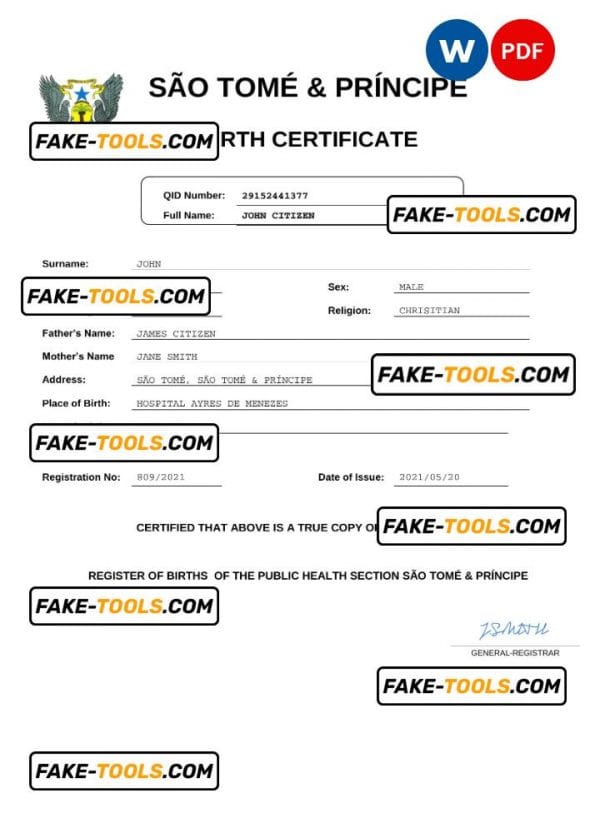 Sao Tome & Principe vital record birth certificate Word and PDF template, completely editable