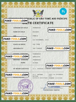 Sao Tome and Principe vital record birth certificate PSD template, fully editable