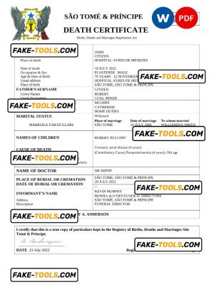 Sao Tome and Principe vital record death certificate Word and PDF template
