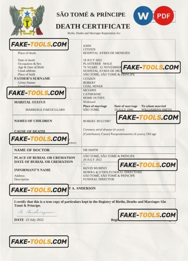 Sao Tome and Principe vital record death certificate Word and PDF template