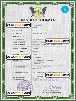 Sao Tome vital record death certificate PSD template, completely editable