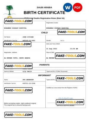 Saudi Arabia birth certificate Word and PDF template, completely editable