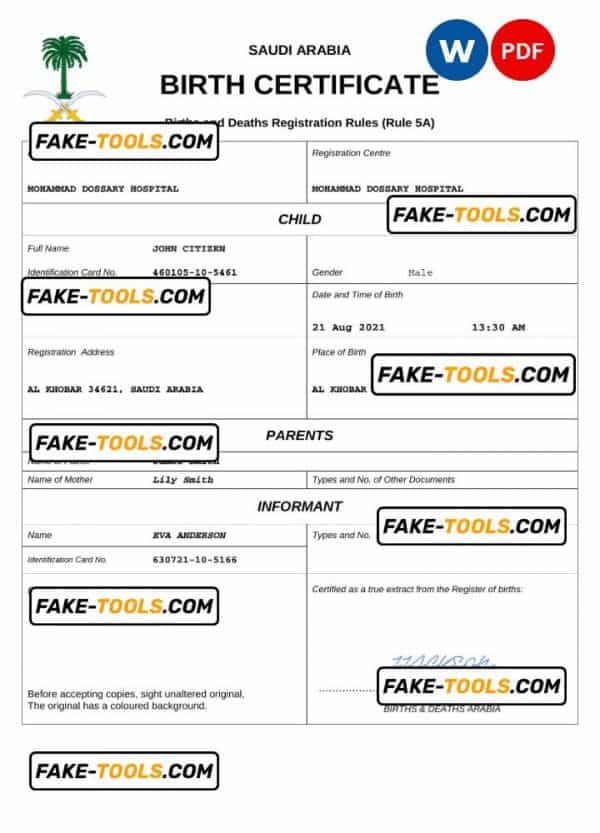 Saudi Arabia birth certificate Word and PDF template, completely editable