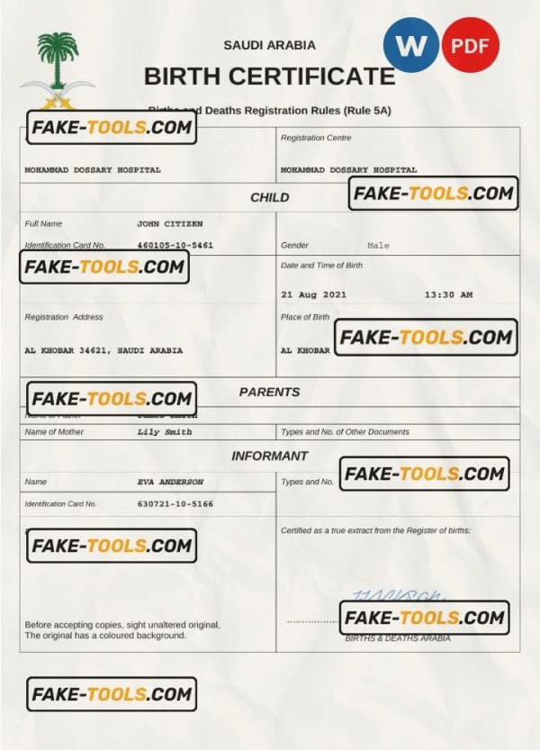 Saudi Arabia birth certificate Word and PDF template, completely editable