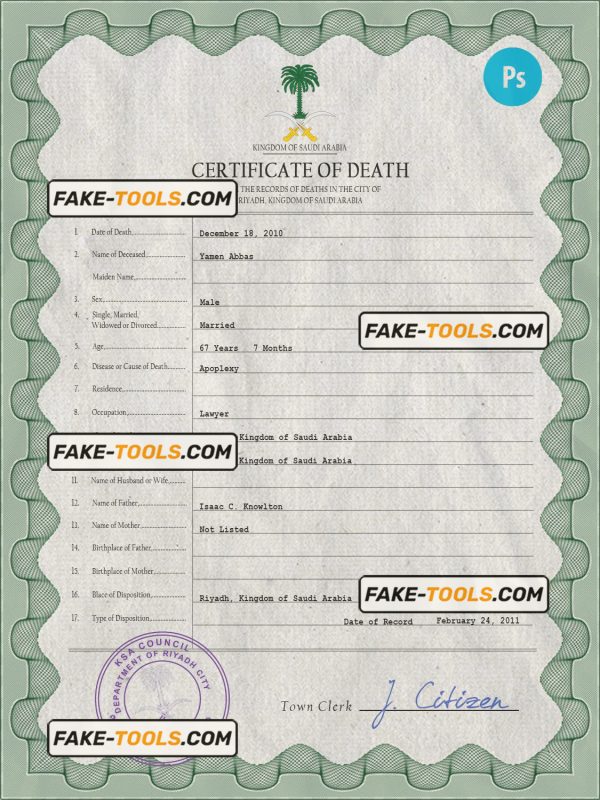 Saudi Arabia death certificate PSD template, completely editable