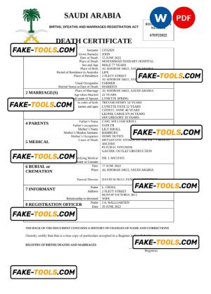Saudi Arabia death certificate Word and PDF template, completely editable