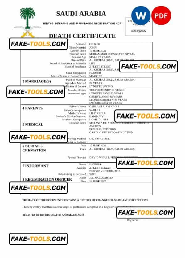 Saudi Arabia death certificate Word and PDF template, completely editable