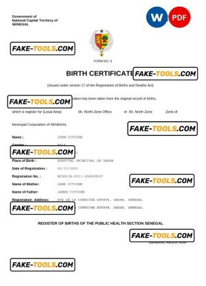 Senegal vital record birth certificate Word and PDF template, completely editable