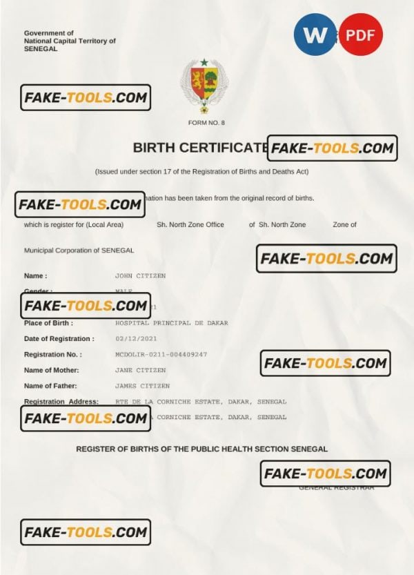 Senegal vital record birth certificate Word and PDF template, completely editable