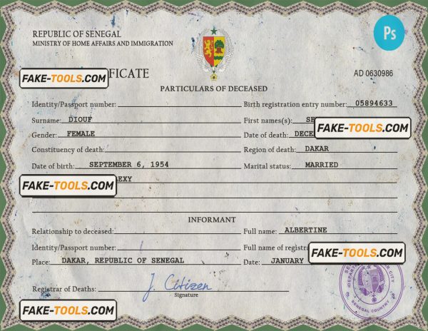 Senegal vital record death certificate PSD template