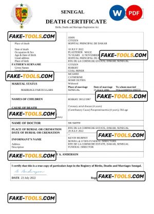 Senegal vital record death certificate Word and PDF template