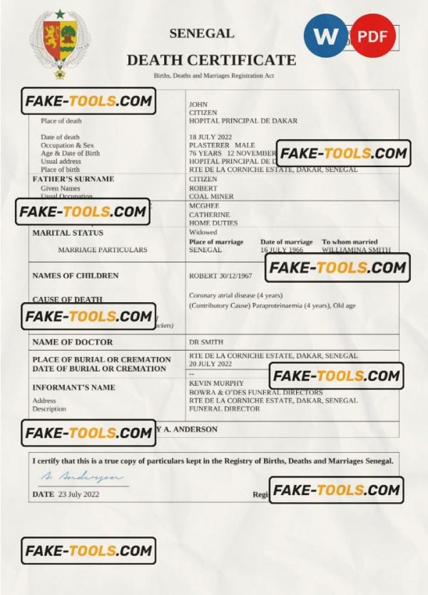 Senegal vital record death certificate Word and PDF template