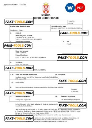 Serbia birth certificate Word and PDF template, completely editable
