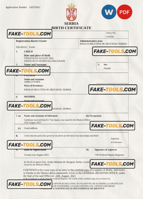 Serbia birth certificate Word and PDF template, completely editable