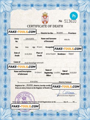 Serbia death certificate PSD template, completely editable