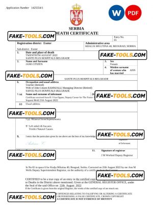 Serbia death certificate Word and PDF template, completely editable