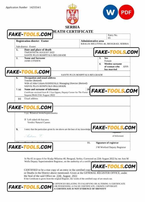 Serbia death certificate Word and PDF template, completely editable
