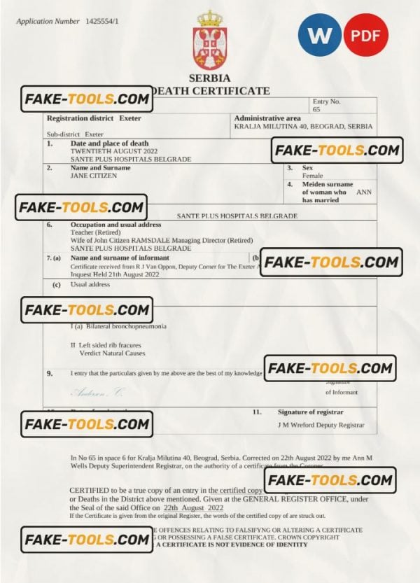 Serbia death certificate Word and PDF template, completely editable
