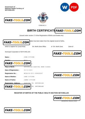 Seychelles vital record birth certificate Word and PDF template, completely editable