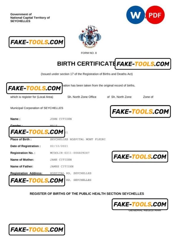 Seychelles vital record birth certificate Word and PDF template, completely editable