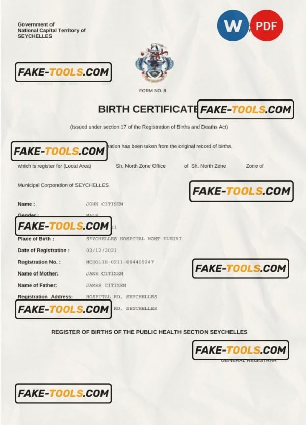 Seychelles vital record birth certificate Word and PDF template, completely editable