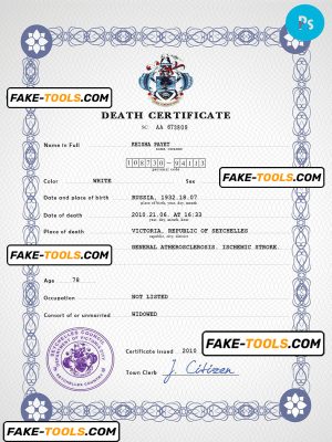 Seychelles vital record death certificate PSD template, fully editable