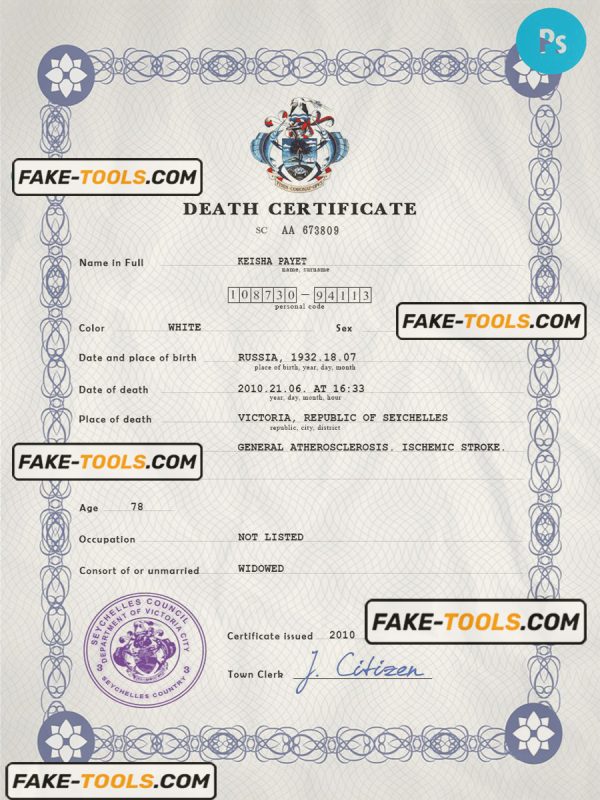 Seychelles vital record death certificate PSD template, fully editable