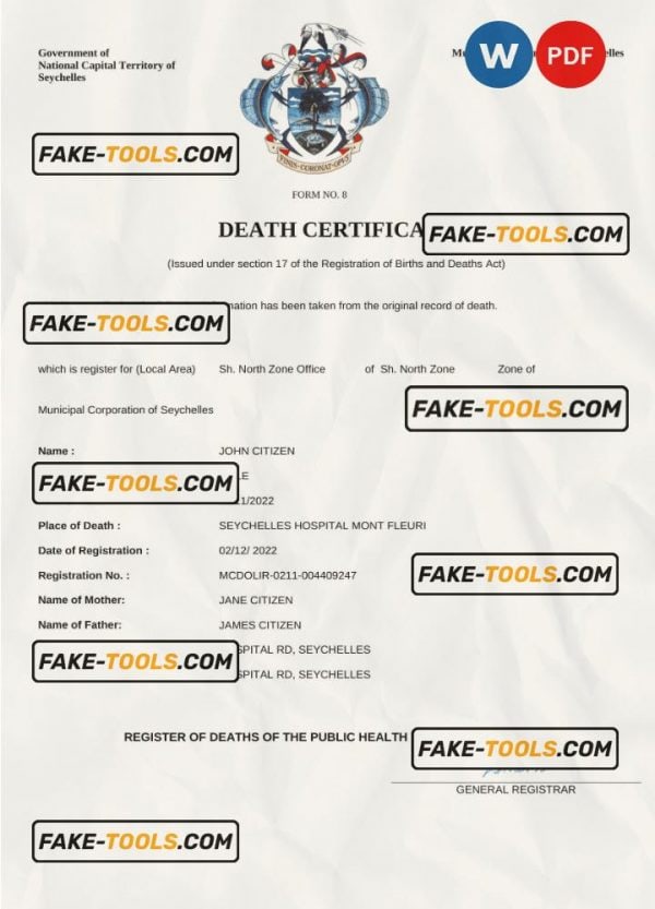 Seychelles vital record death certificate Word and PDF template