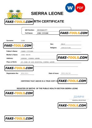 Sierra Leone birth certificate Word and PDF template, completely editable