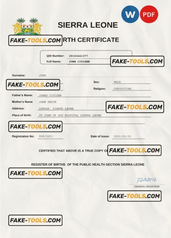 Sierra Leone birth certificate Word and PDF template, completely editable