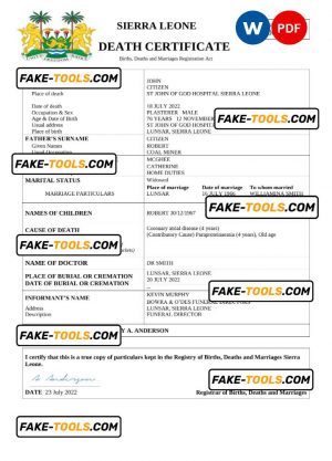 Sierra Leone death certificate Word and PDF template, completely editable