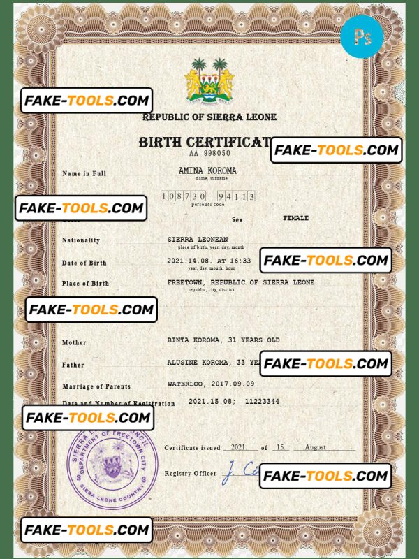 Sierra Leone vital record birth certificate PSD template, fully editable