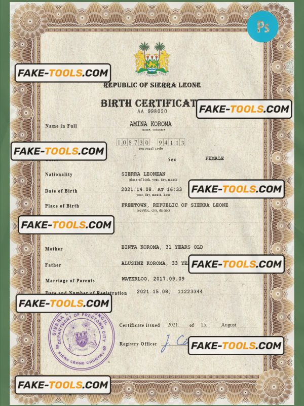 Sierra Leone vital record birth certificate PSD template, fully editable scan effect