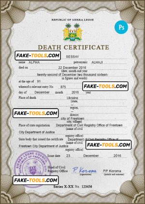 Sierra Leone vital record death certificate PSD template, completely editable
