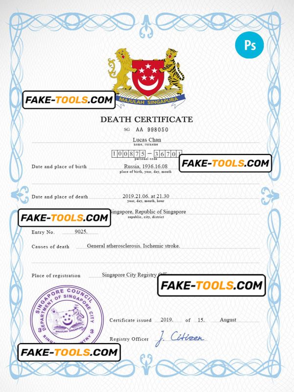 Singapore death certificate PSD template, completely editable