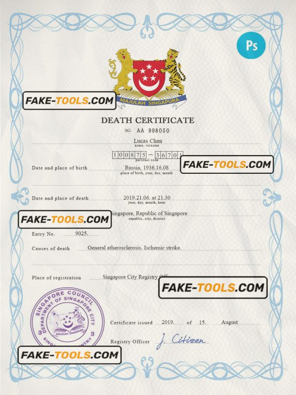 Singapore death certificate PSD template, completely editable