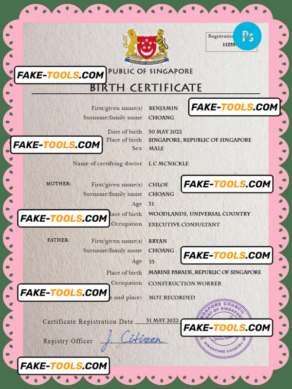Singapore vital record birth certificate PSD template