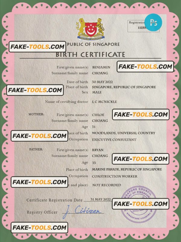 Singapore vital record birth certificate PSD template