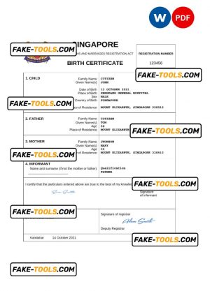 Singapore vital record birth certificate Word and PDF template, completely editable