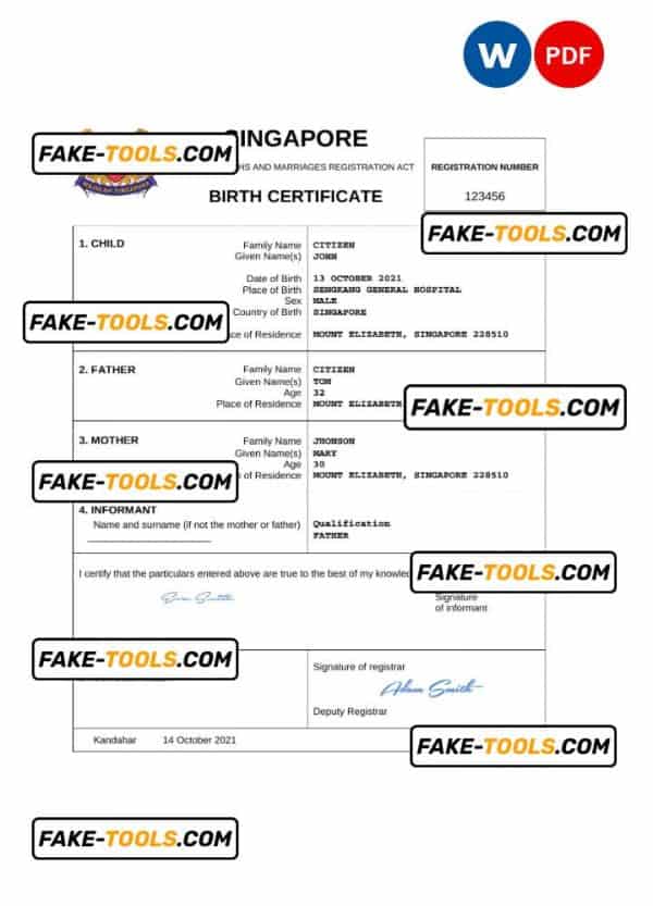 Singapore vital record birth certificate Word and PDF template, completely editable