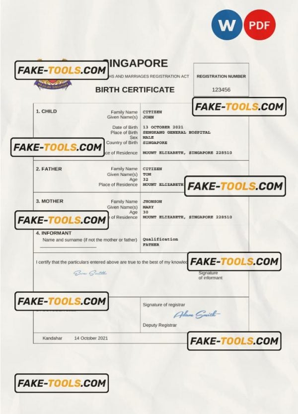 Singapore vital record birth certificate Word and PDF template, completely editable