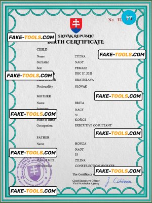 Slovakia birth certificate PSD template, completely editable