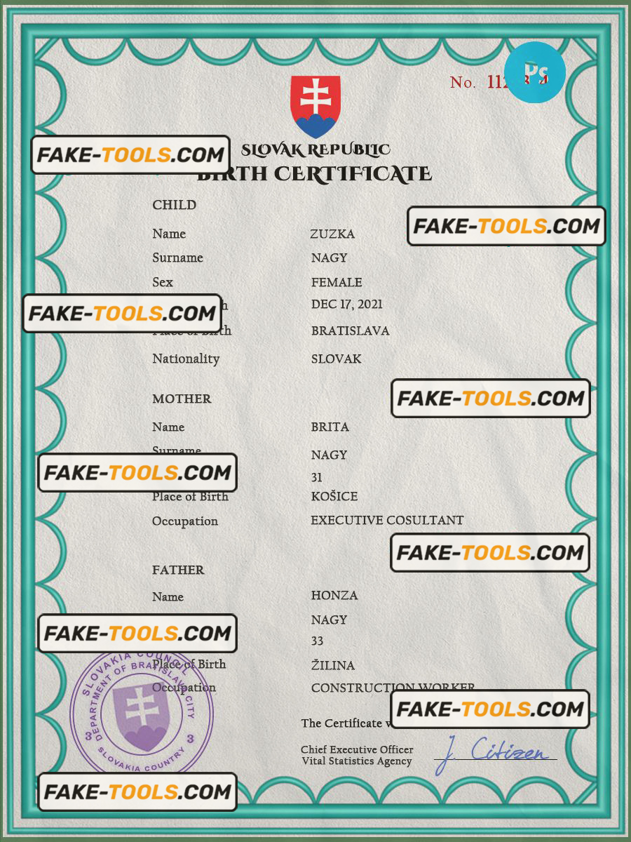 Slovakia birth certificate PSD template completely editable fake tools
