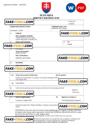 Slovakia birth certificate Word and PDF template, completely editable