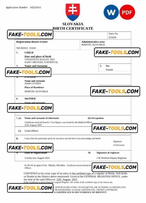 Slovakia birth certificate Word and PDF template, completely editable