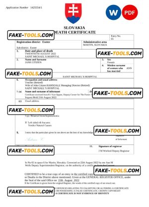 Slovakia death certificate Word and PDF template, completely editable