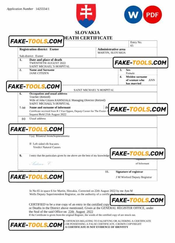 Slovakia death certificate Word and PDF template, completely editable
