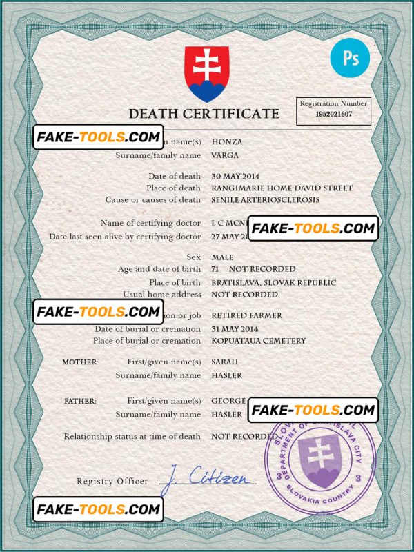 Slovakia vital record death certificate PSD template