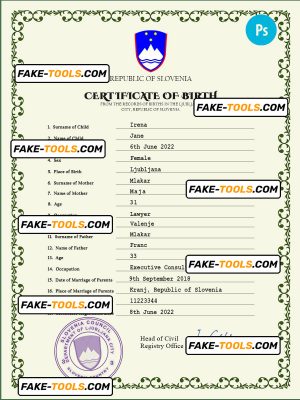 Slovenia birth certificate PSD template, completely editable
